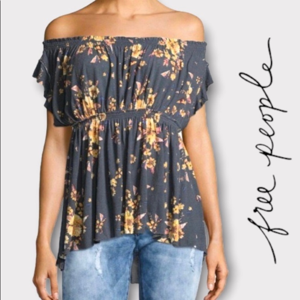 Free People Sam Floral Navy Top